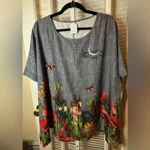 Women's Grey Floral-Print Blouse with Moon Motif